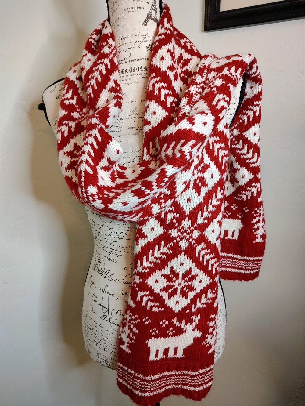 Eddie Bauer Alpaca Blend Fair Isle Scarf Red & Soft White Ultra Soft Made In USA